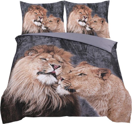 Dekbedovertrek Lion Love Antraciet|Taupe + kussensloop 60x70cm