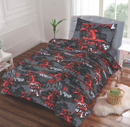 Kinderdekbedovertrek -Raceauto-Rood-Antraciet-Eenpersoons -140 x 220-cm + 1 kussensloop 60x70cm
