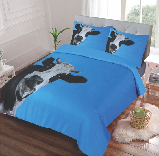 Dekbedovertrek Set- Zwart-Wit-Blauw Koe Print + kussenslopen 60x70cm