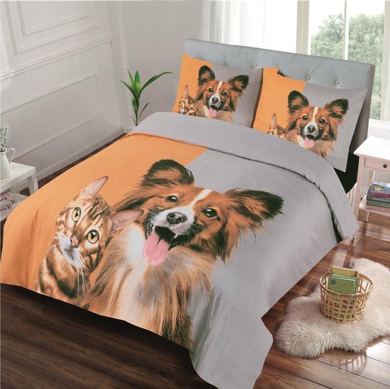 Dekbedovertrek -Hond en kat + kussenslopen 60x70cm