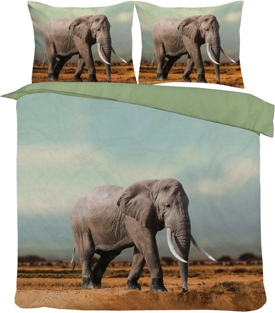 Dekbedovertrek Set-Antraciet Grijs-Groen-met grote olifant + kussenslopen 60x70cm
